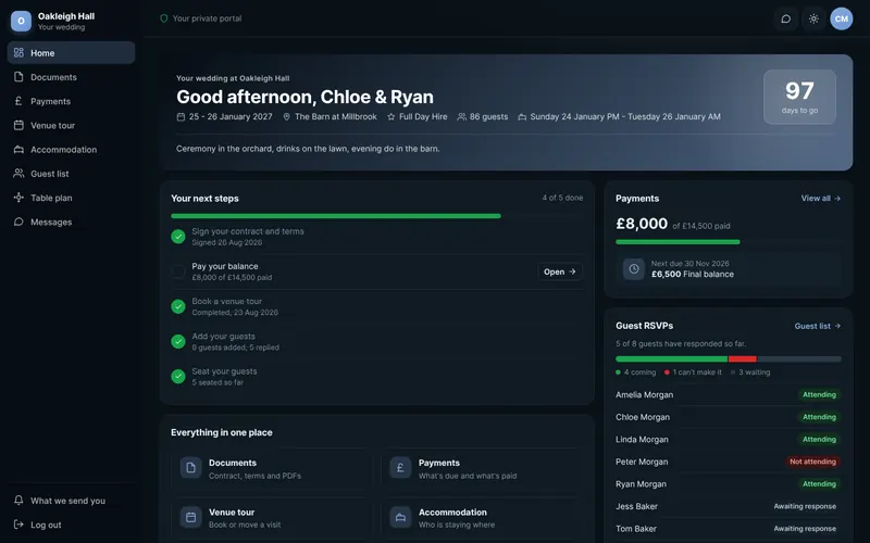 A venue client portal in PixelCRM