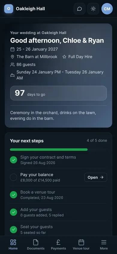 A venue client portal on a phone
