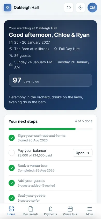 A venue client portal on a phone