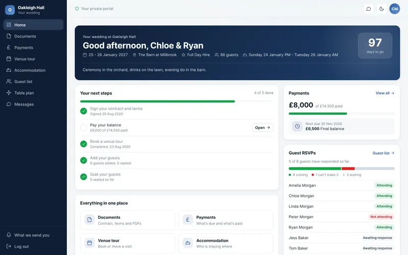 A venue client portal in PixelCRM